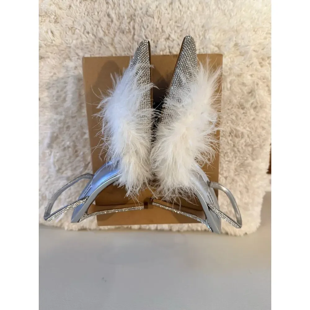 Steve Madden Silver Rhinestone Slingback Pumps with White Feather Trim Size 11 - Picture 8 of 9